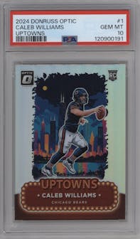 Caleb Williams from the 2024 Donruss Optic set graded by PSA and given an overall grade of 10.