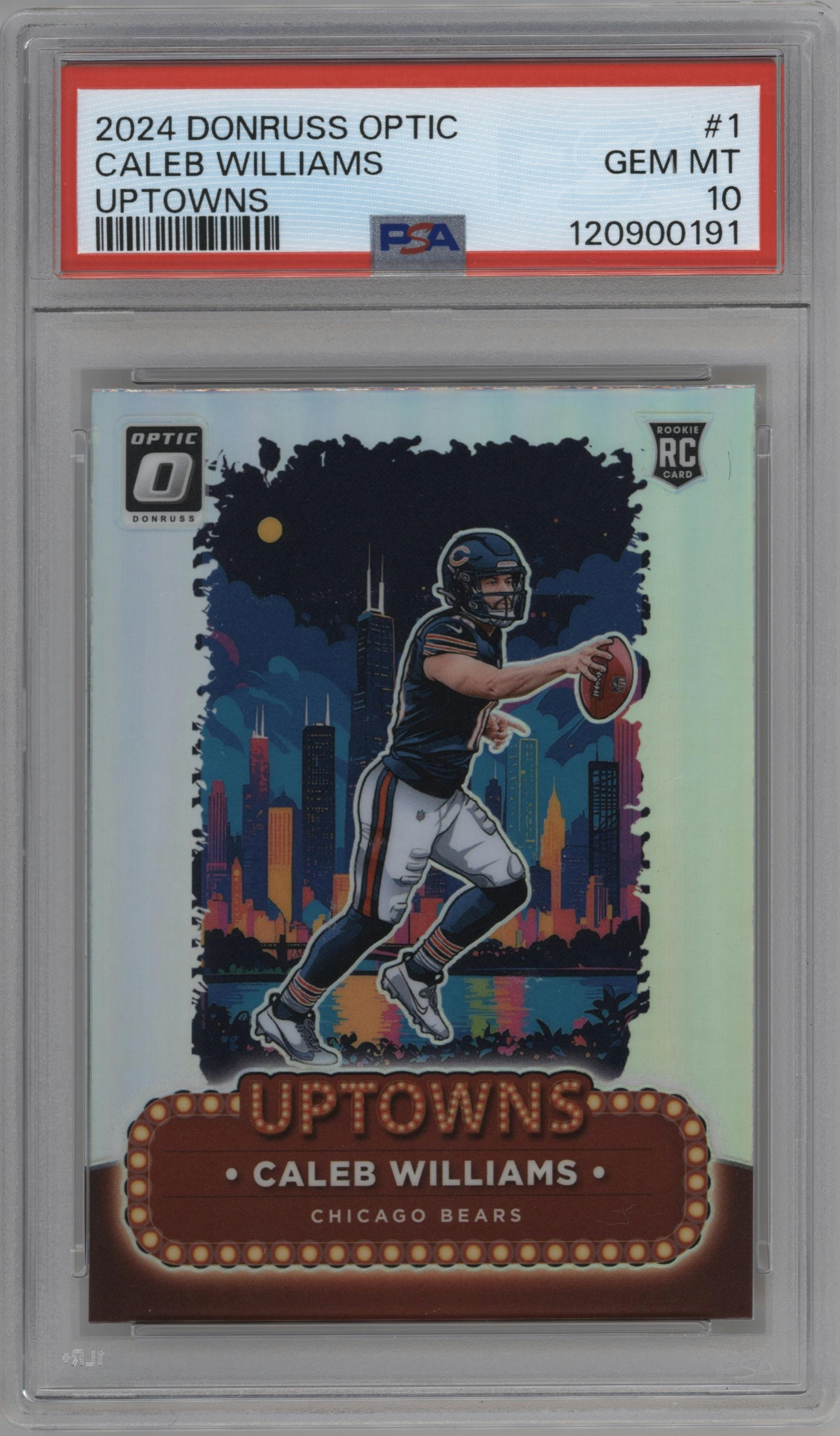 Caleb Williams from the 2024 Donruss Optic set graded by PSA and given an overall grade of 10.