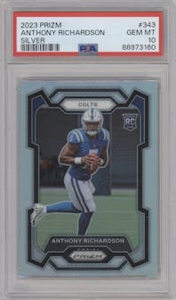 Anthony Richardson from the 2023 Panini Prizm set featuring a Silver Prizm parallel graded by PSA and given an overall grade of 10.