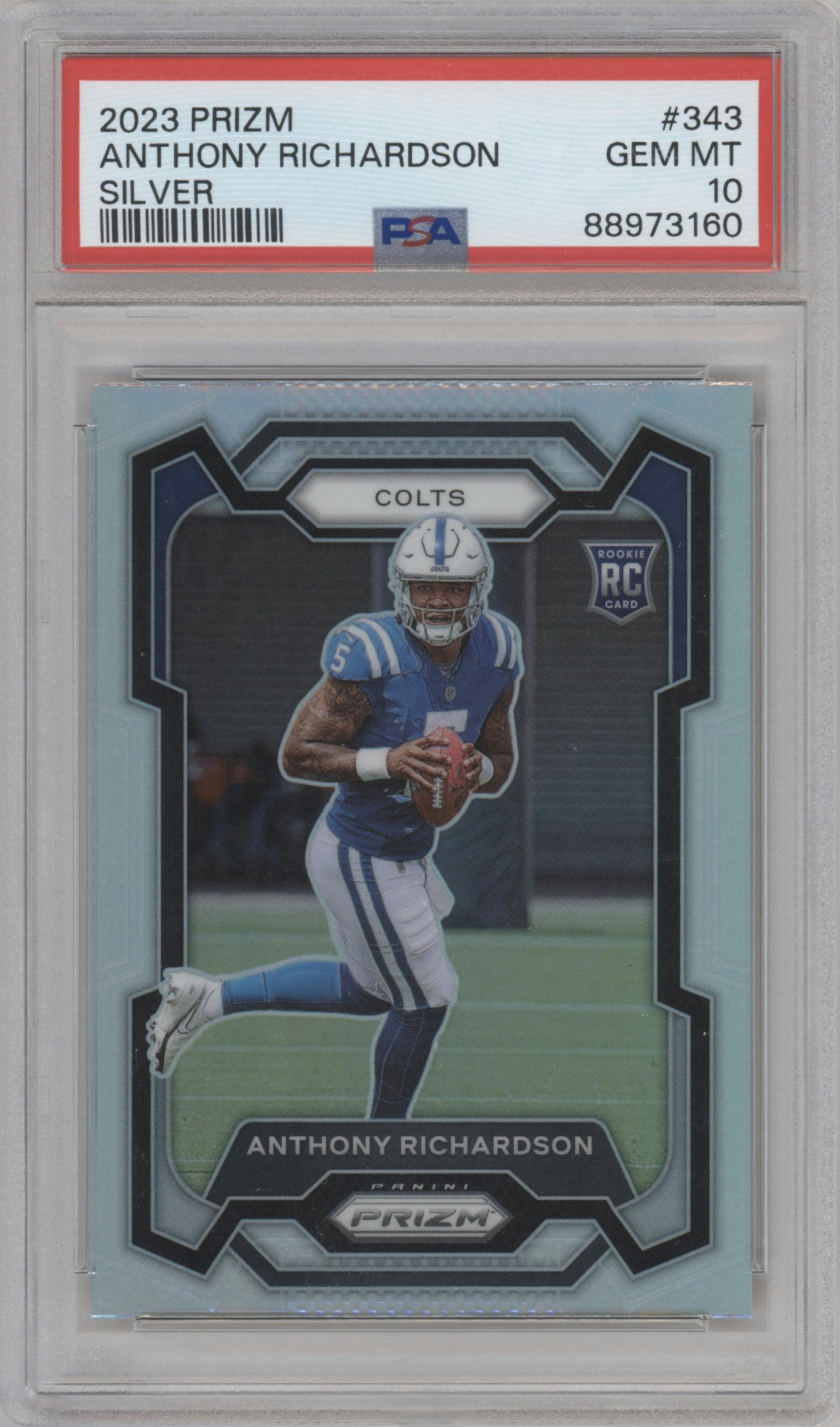 Anthony Richardson from the 2023 Panini Prizm set featuring a Silver Prizm parallel graded by PSA and given an overall grade of 10.