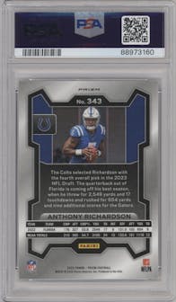Anthony Richardson from the 2023 Panini Prizm set featuring a Silver Prizm parallel graded by PSA and given an overall grade of 10.