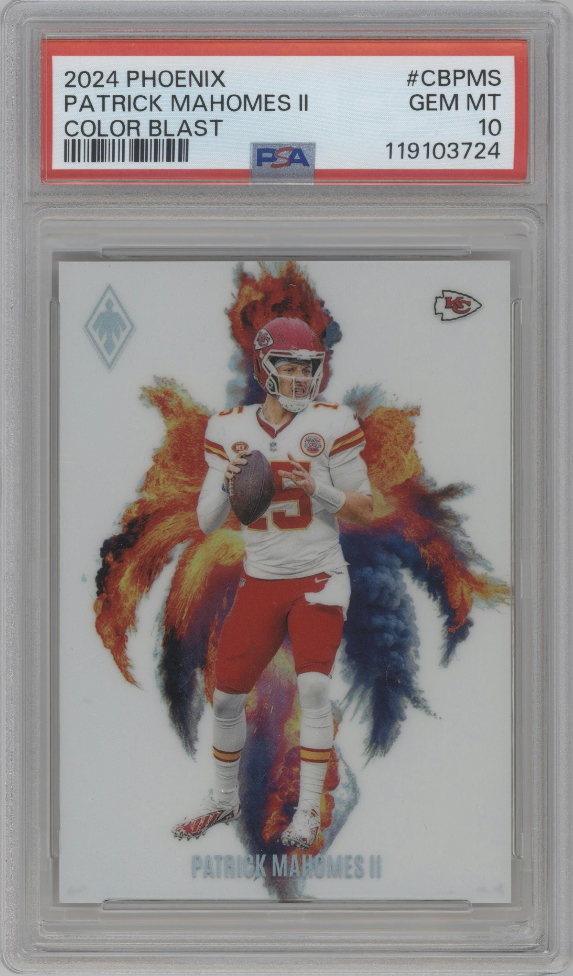 Patrick Mahomes II from the 2024 Panini Phoenix set graded by PSA and given an overall grade of 10.