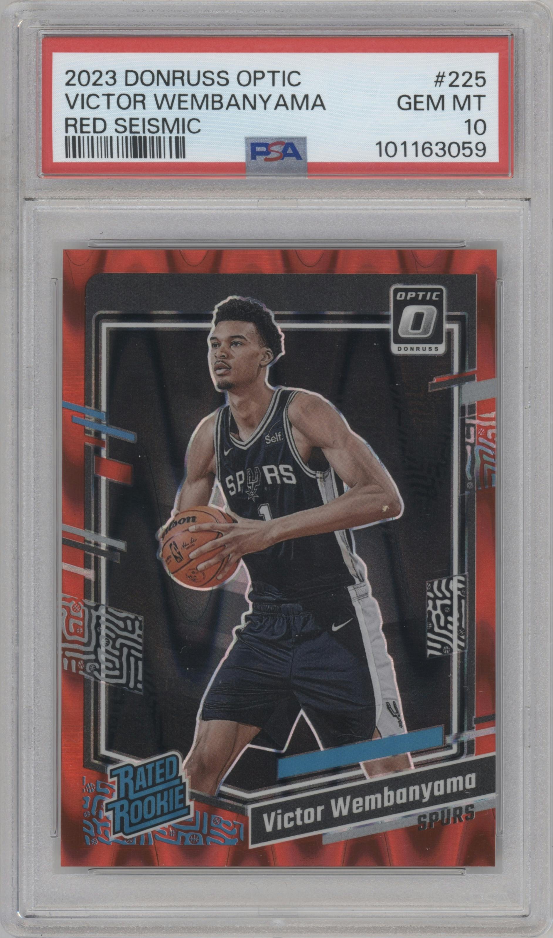 Victor Wembanyama from the 2023-24 Donruss Optic set featuring a Red Seismic parallel graded by PSA and given an overall grade of 10.