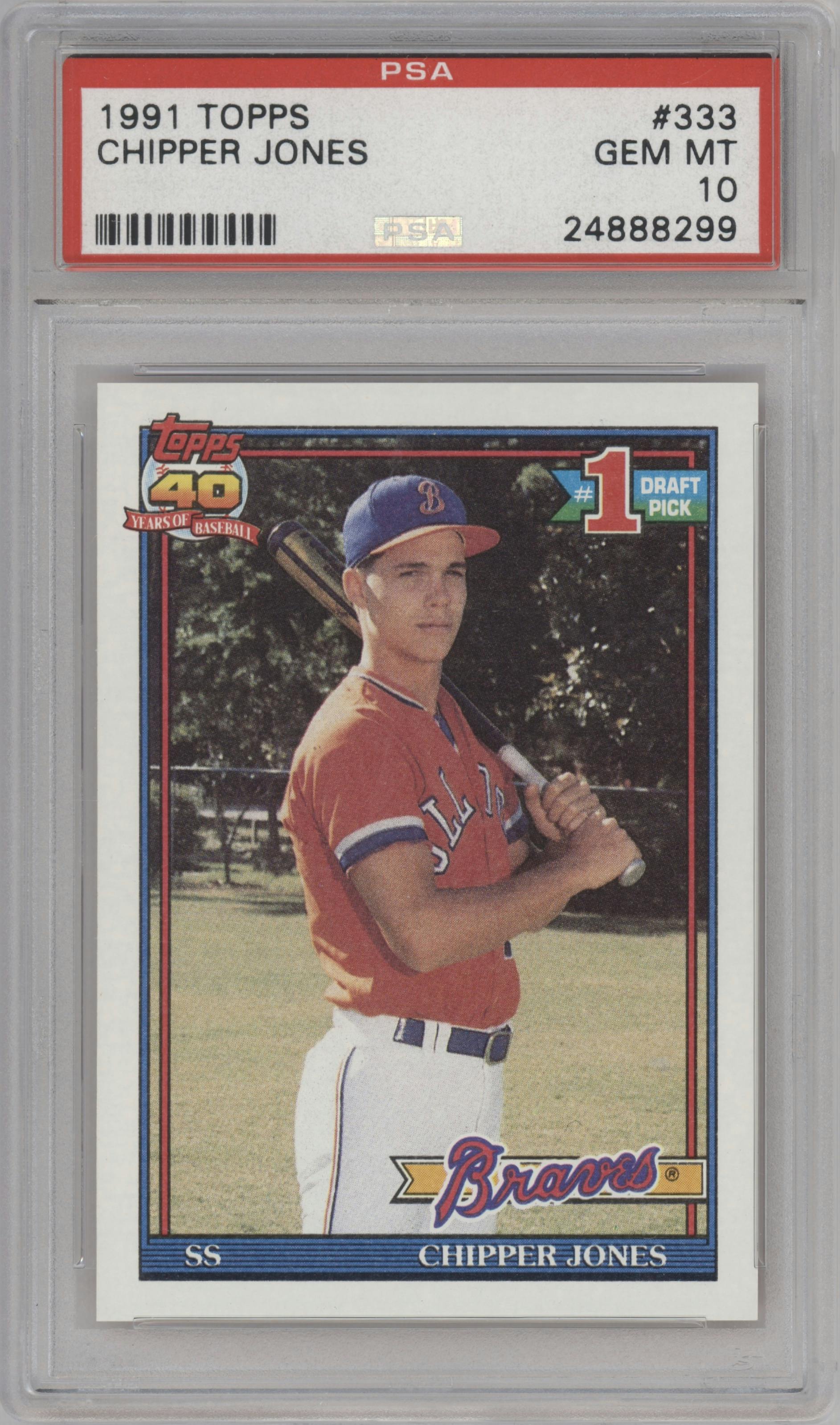 Chipper Jones from the 1991 Topps set graded by PSA and given an overall grade of 10.