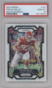 Travis Kelce from the 2023 Panini Prizm set featuring a White Sparkle parallel graded by PSA and given an overall grade of 10.