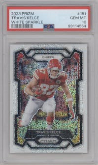 Travis Kelce from the 2023 Panini Prizm set featuring a White Sparkle parallel graded by PSA and given an overall grade of 10.