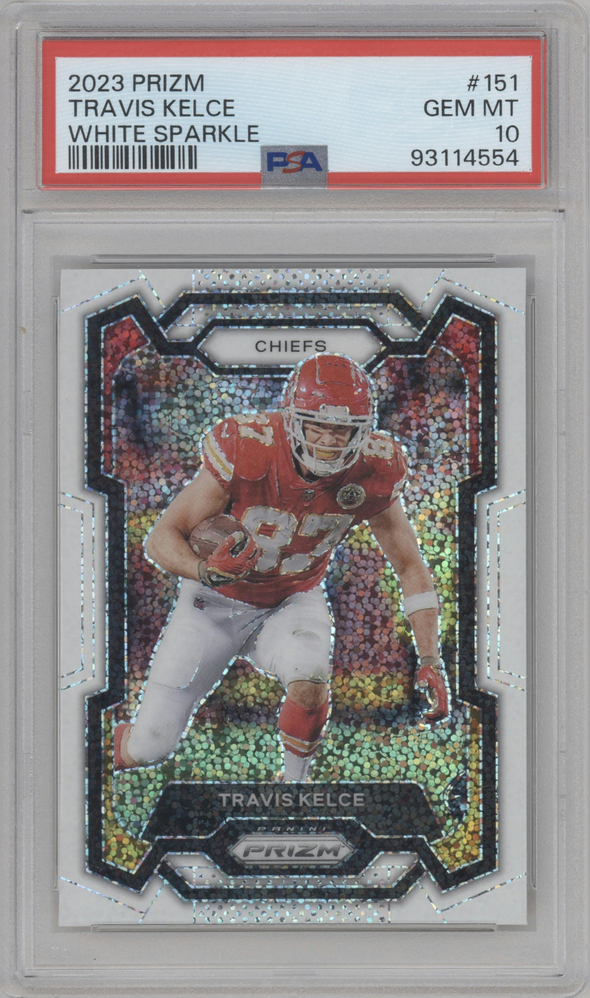 Travis Kelce from the 2023 Panini Prizm set featuring a White Sparkle parallel graded by PSA and given an overall grade of 10.