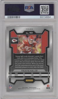 Travis Kelce from the 2023 Panini Prizm set featuring a White Sparkle parallel graded by PSA and given an overall grade of 10.