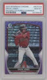 Druw Jones from the 2023 Bowman Chrome set featuring a Purple Shimmer Refractor parallel graded by PSA and given an overall grade of 10.