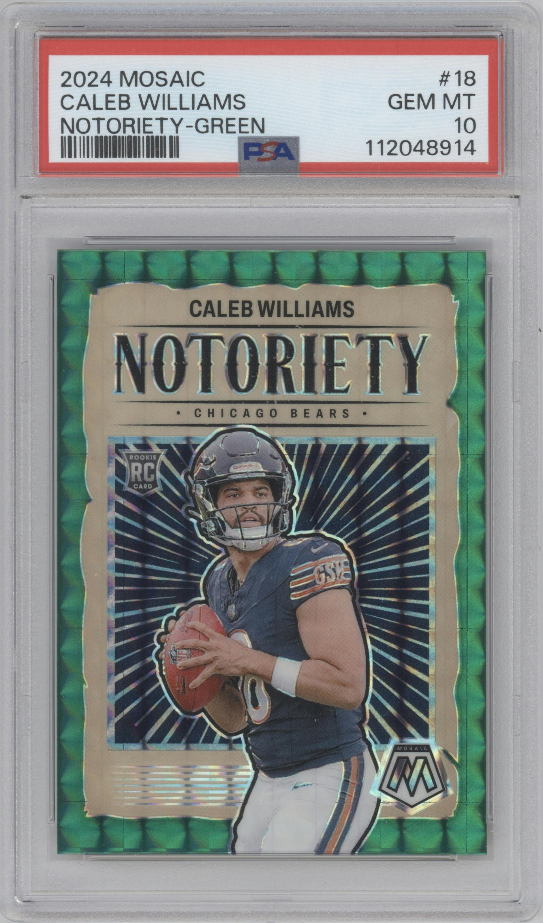 Caleb Williams from the 2024 Panini Mosaic set featuring a Green Mosaic parallel graded by PSA and given an overall grade of 10.