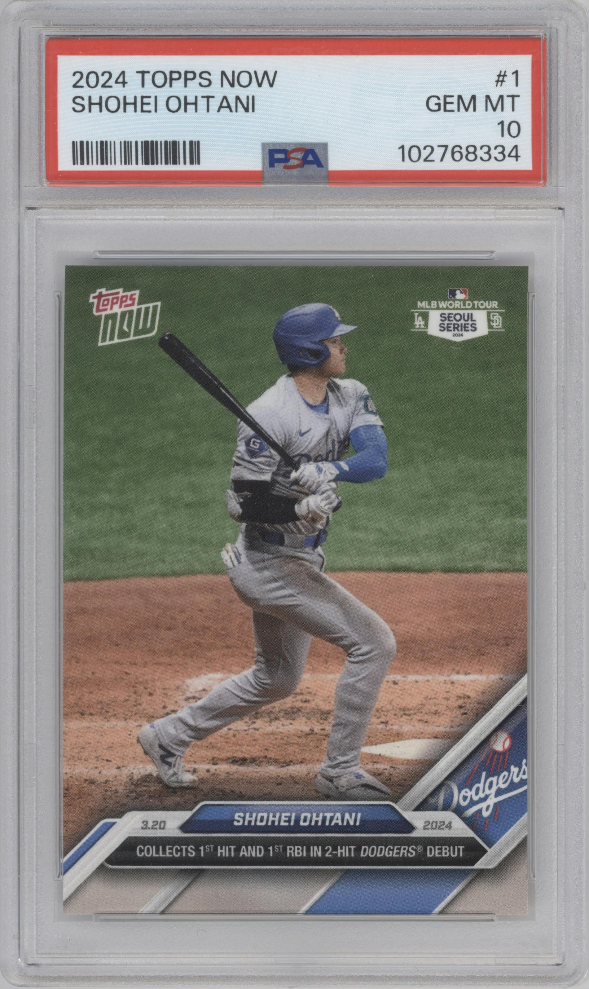 Shohei Ohtani from the 2024 Topps Now set graded by PSA and given an overall grade of 10.