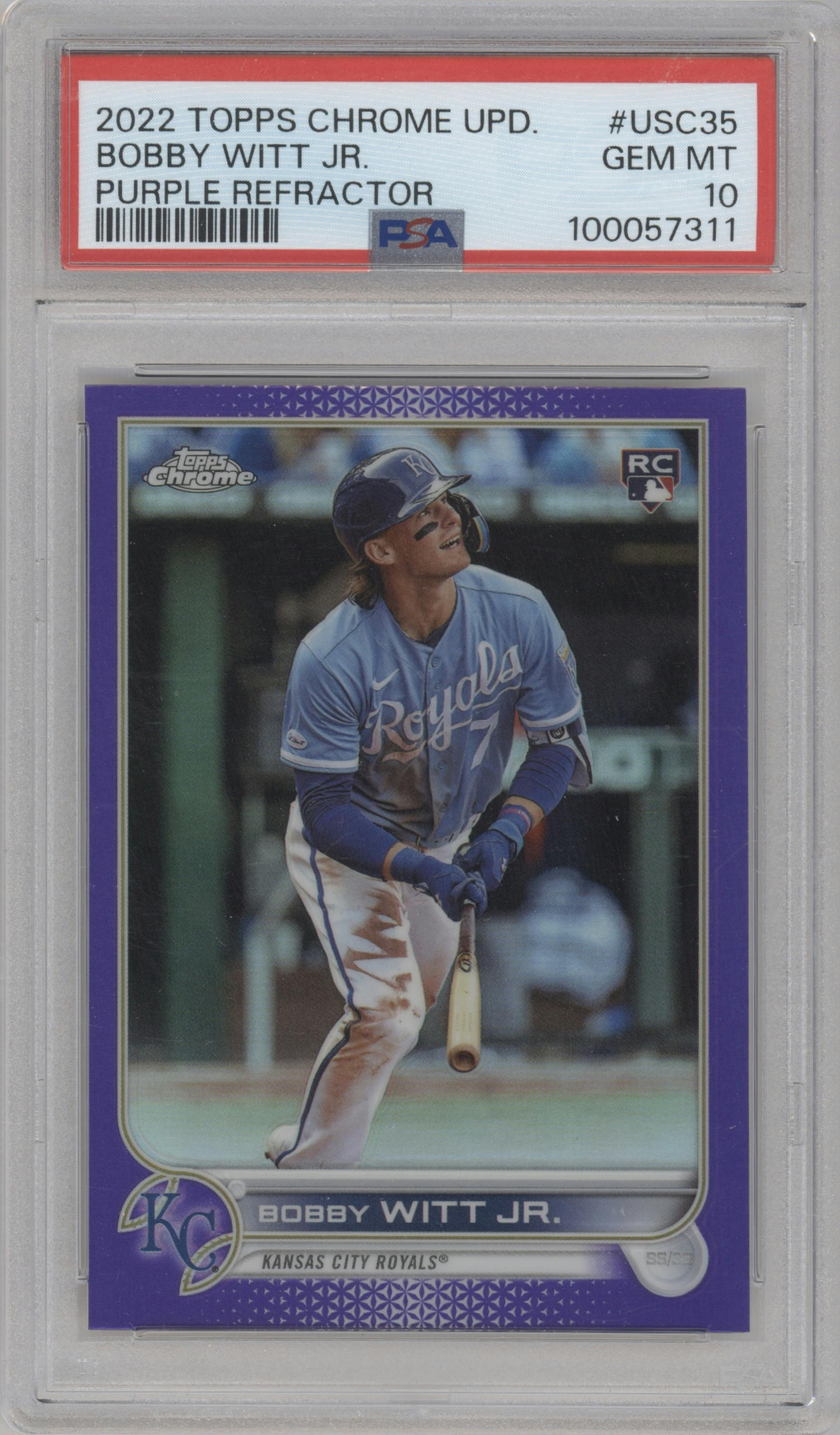 Bobby Witt Jr. from the 2022 Topps Chrome Update set featuring a Purple Refractor parallel graded by PSA and given an overall grade of 10.