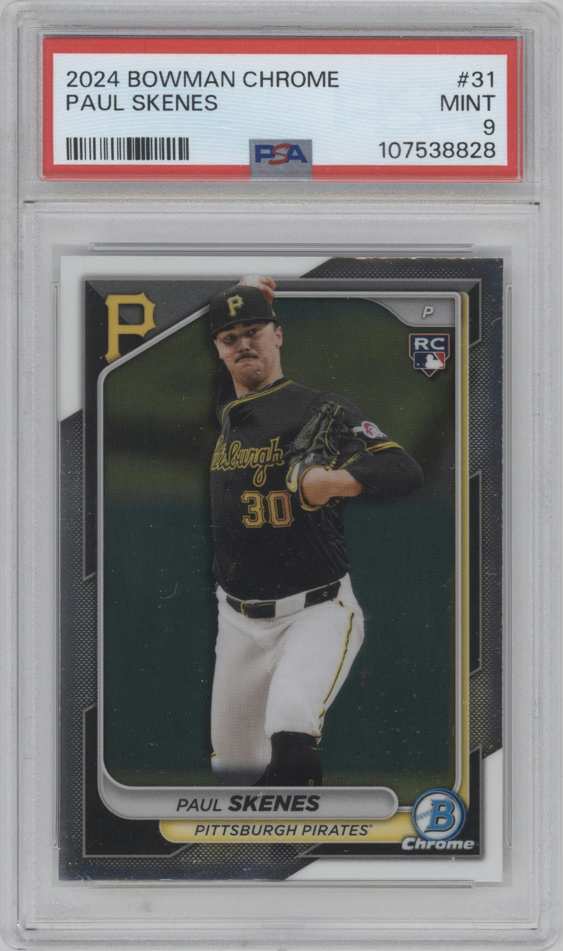 Paul Skenes from the 2024 Bowman Chrome set graded by PSA and given an overall grade of 9.
