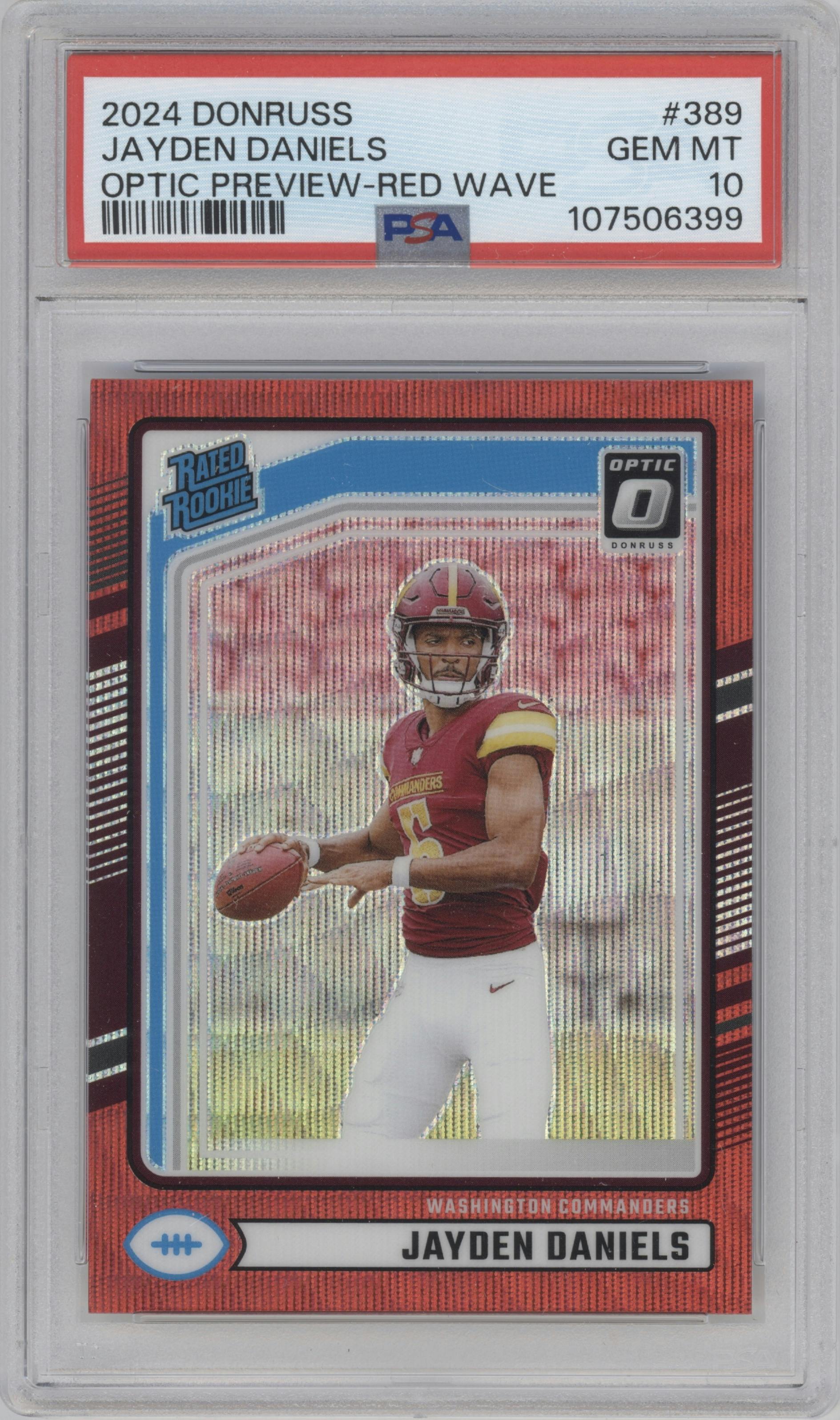 Jayden Daniels from the 2024 Donruss set featuring a Red Wave parallel graded by PSA and given an overall grade of 10.