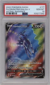 Origin Forme Dialga V from the 2022 Pokemon SWSH set graded by PSA and given an overall grade of 10.