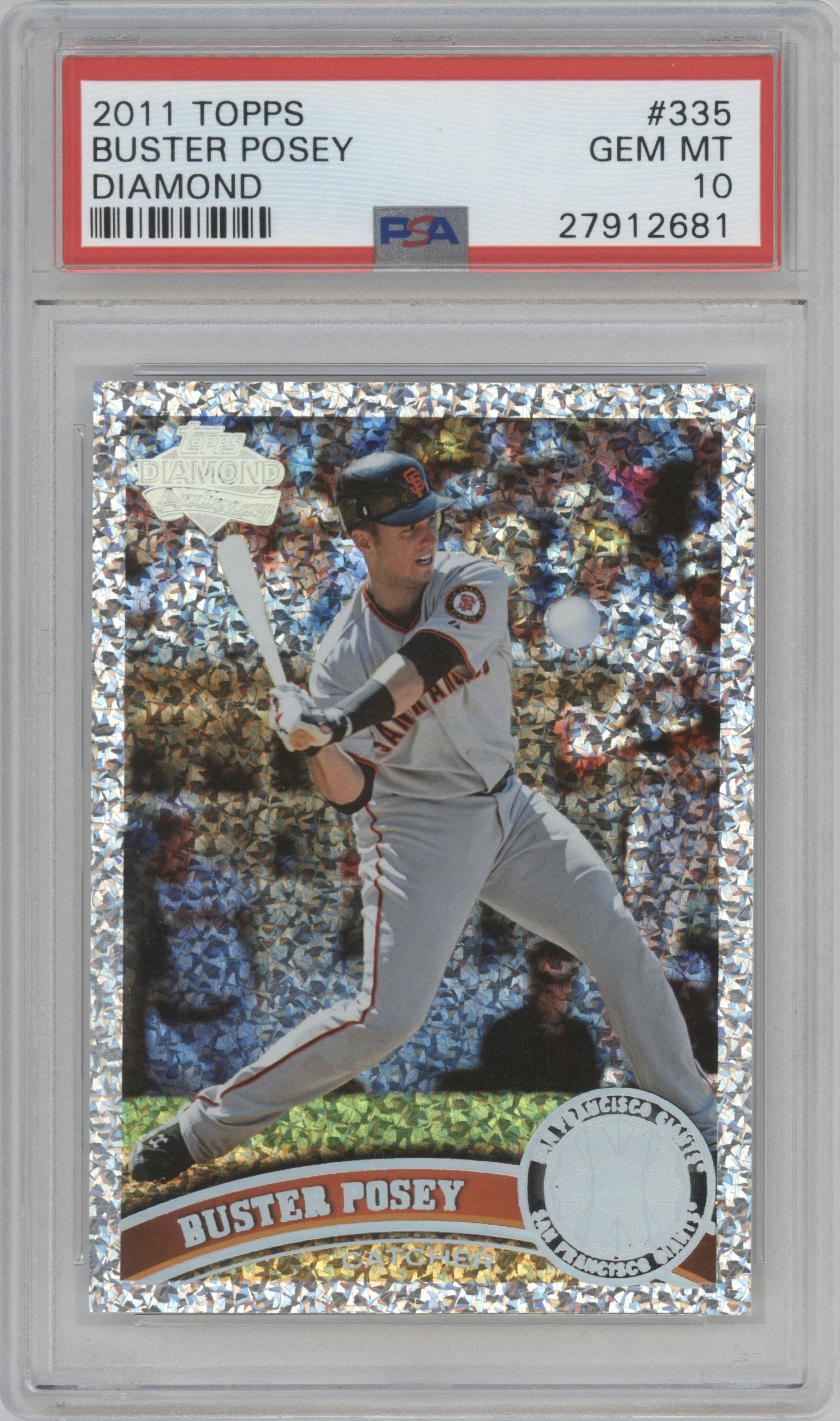 Buster Posey from the 2011 Topps Series 2 set featuring a Diamond Anniversary parallel graded by PSA and given an overall grade of 10.