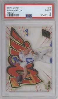 Puka Nacua from the 2023 Panini Zenith set graded by PSA and given an overall grade of 9.