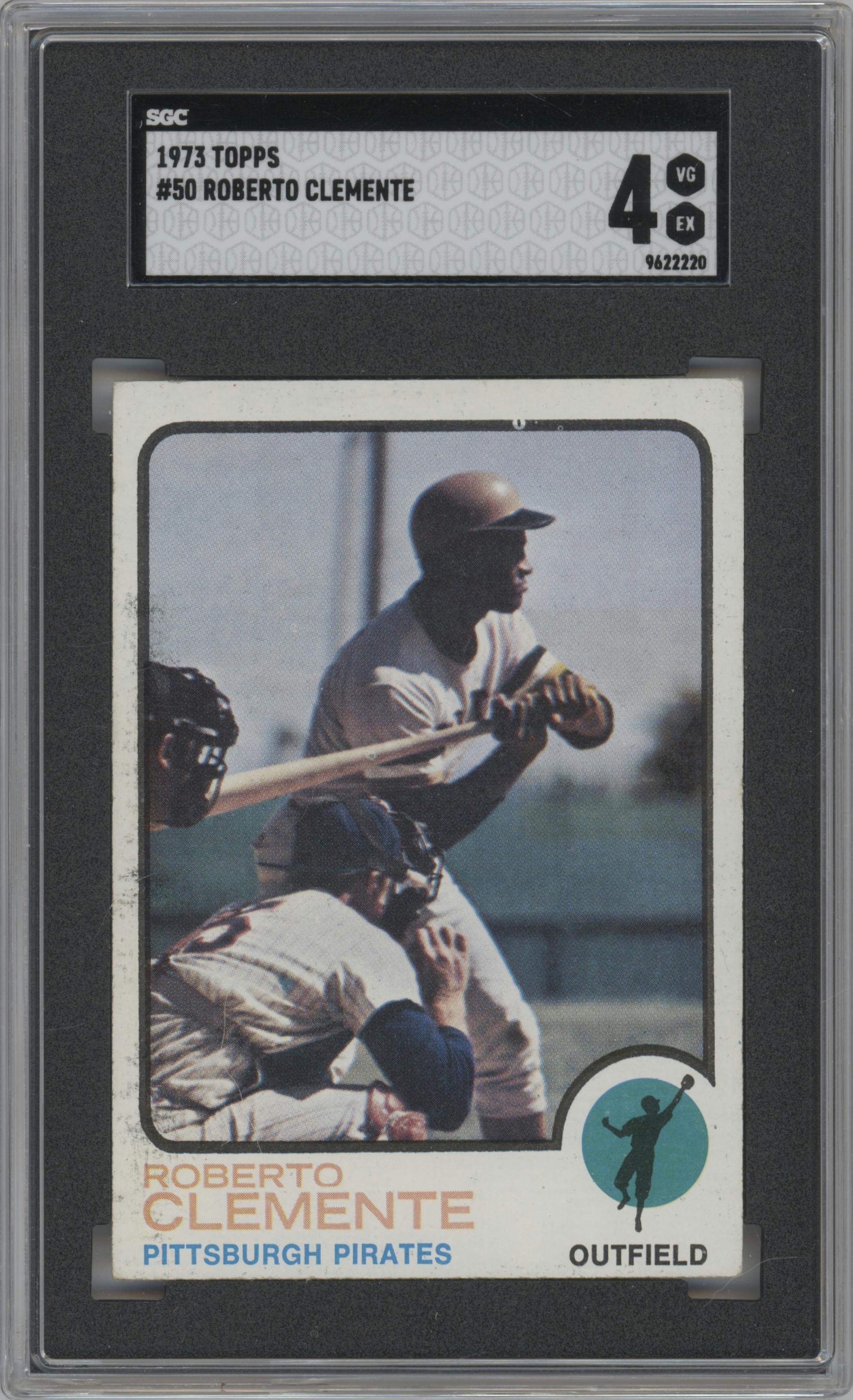 Roberto Clemente from the 1973 Topps set graded by SGC and given an overall grade of 4.