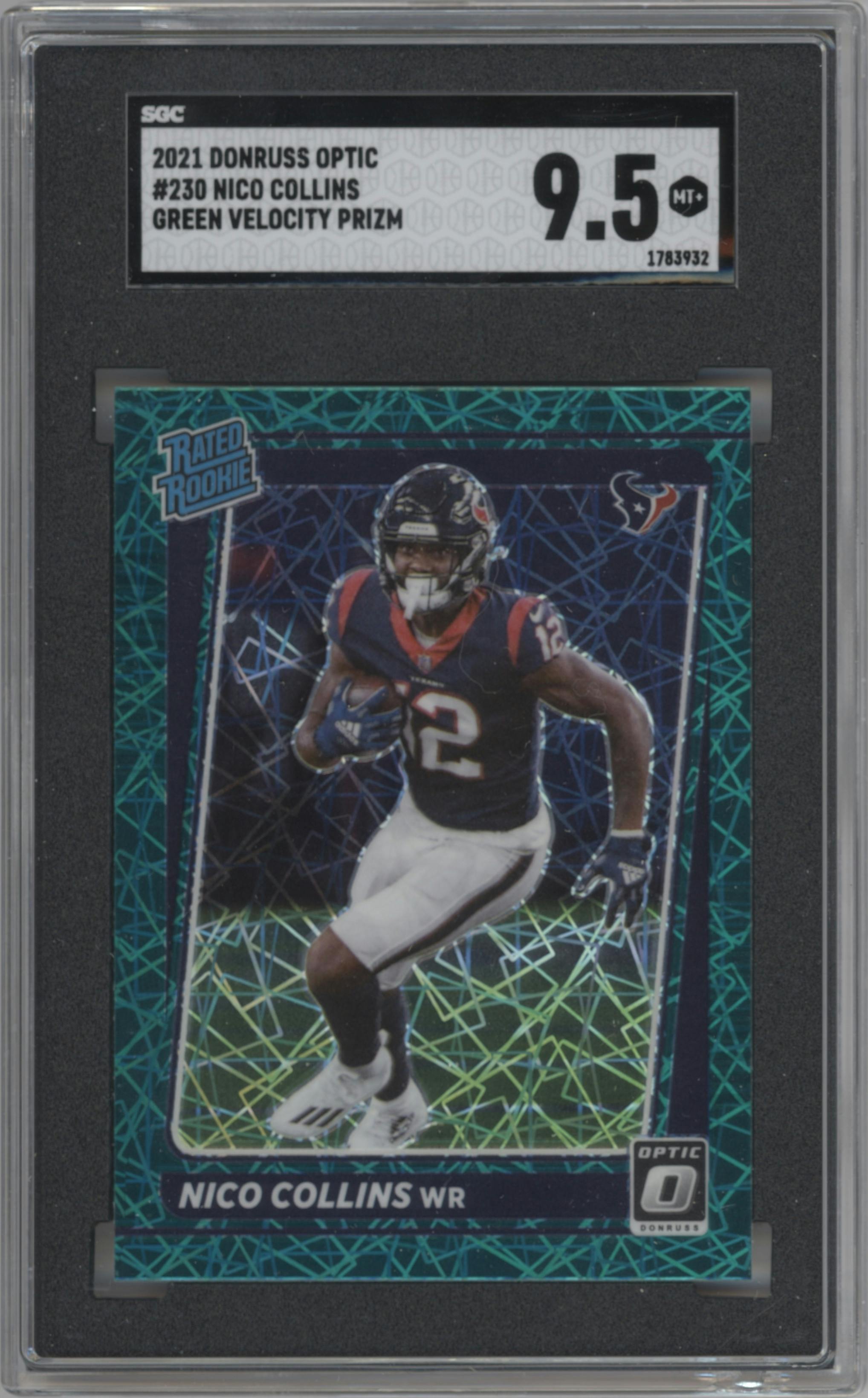 Nico Collins from the 2021 Panini Donruss Optic set featuring a Green Velocity parallel graded by SGC and given an overall grade of 9.5.