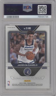 Jaden McDaniels from the 2020-21 Panini Prizm set featuring a Mojo Prizm parallel graded by PSA and given an overall grade of 10.