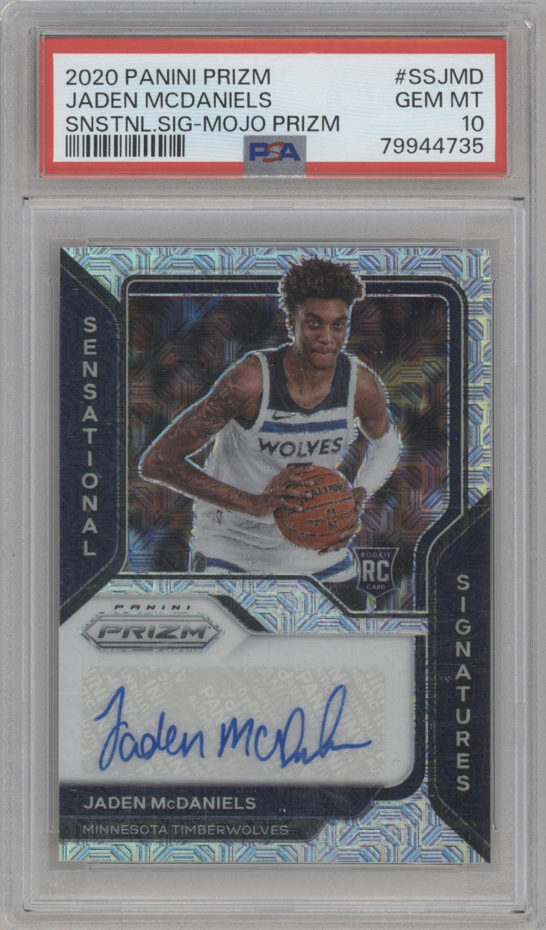 Jaden McDaniels from the 2020-21 Panini Prizm set featuring a Mojo Prizm parallel graded by PSA and given an overall grade of 10.