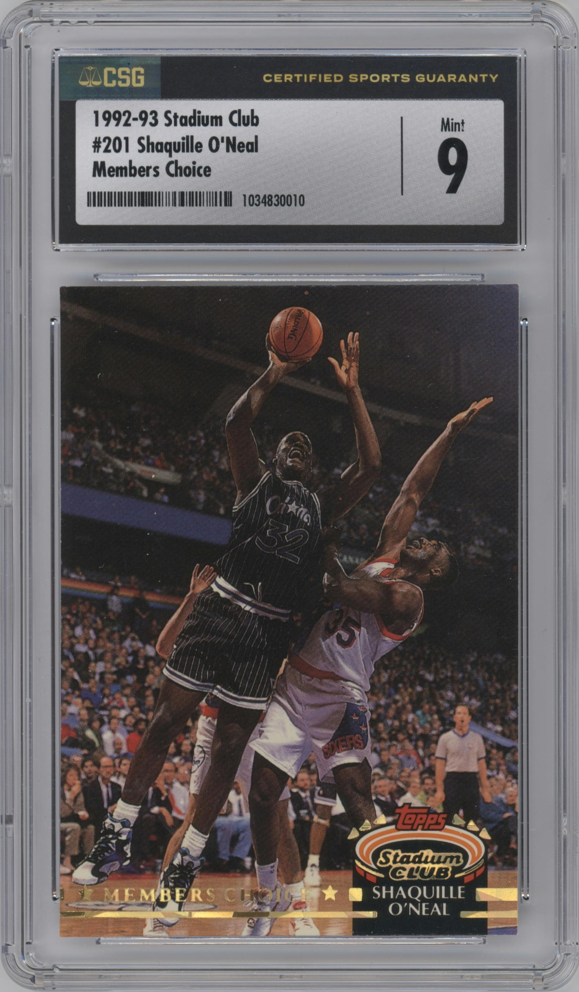 Shaquille O'neal from the 1992-93 Topps Stadium Club set graded by CSG and given an overall grade of 9.