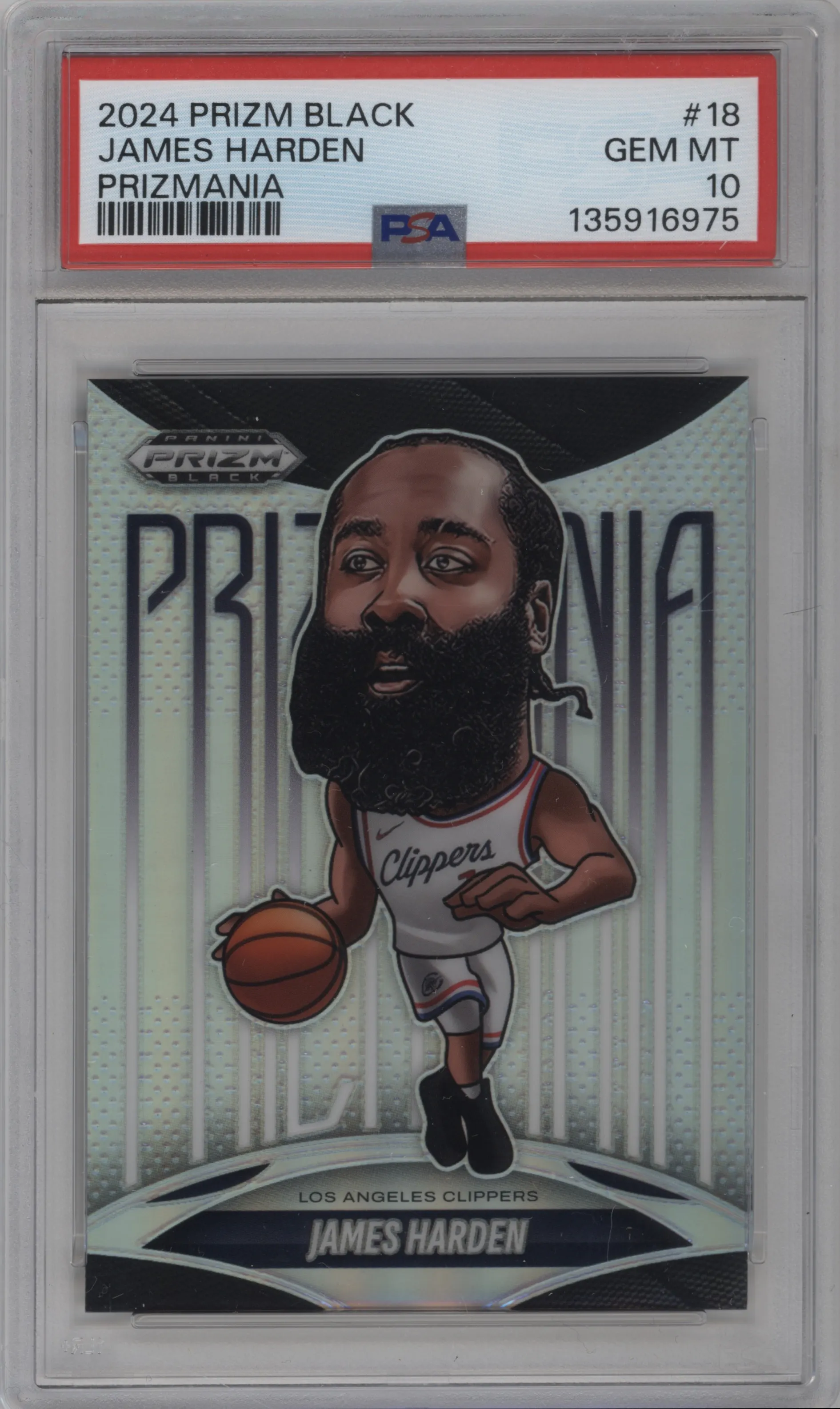 James Harden from the 2024-25 Panini Prizm Black set graded by PSA and given an overall grade of 10.