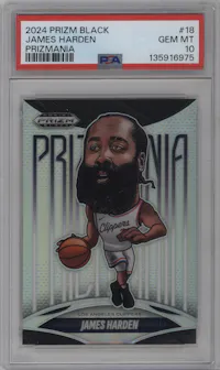 James Harden from the 2024-25 Panini Prizm Black set graded by PSA and given an overall grade of 10.