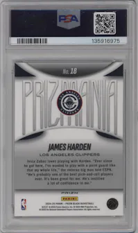 James Harden from the 2024-25 Panini Prizm Black set graded by PSA and given an overall grade of 10.