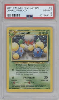 Jumpluff from the 2001 Pokemon Neo Genesis set graded by PSA and given an overall grade of 8.