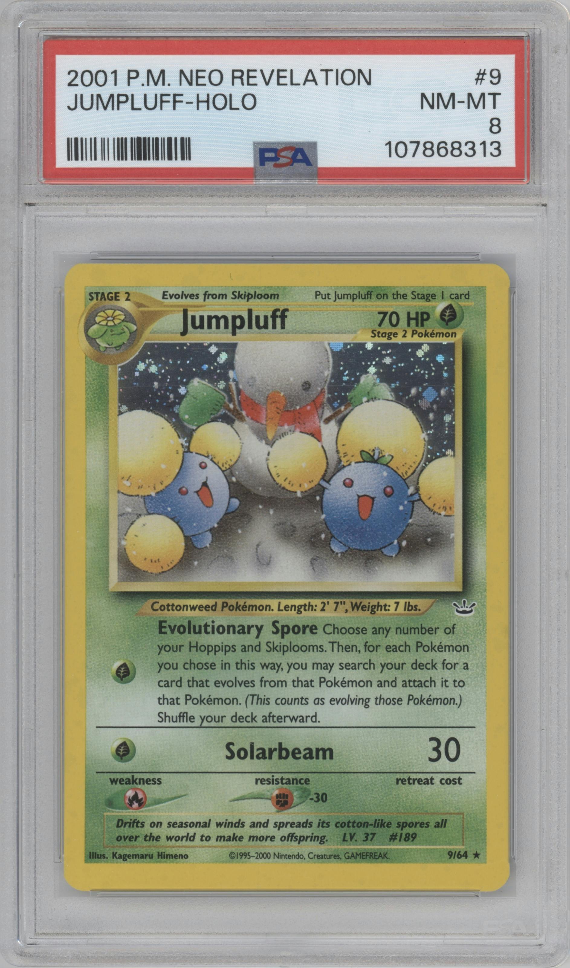 Jumpluff from the 2001 Pokemon Neo Genesis set graded by PSA and given an overall grade of 8.