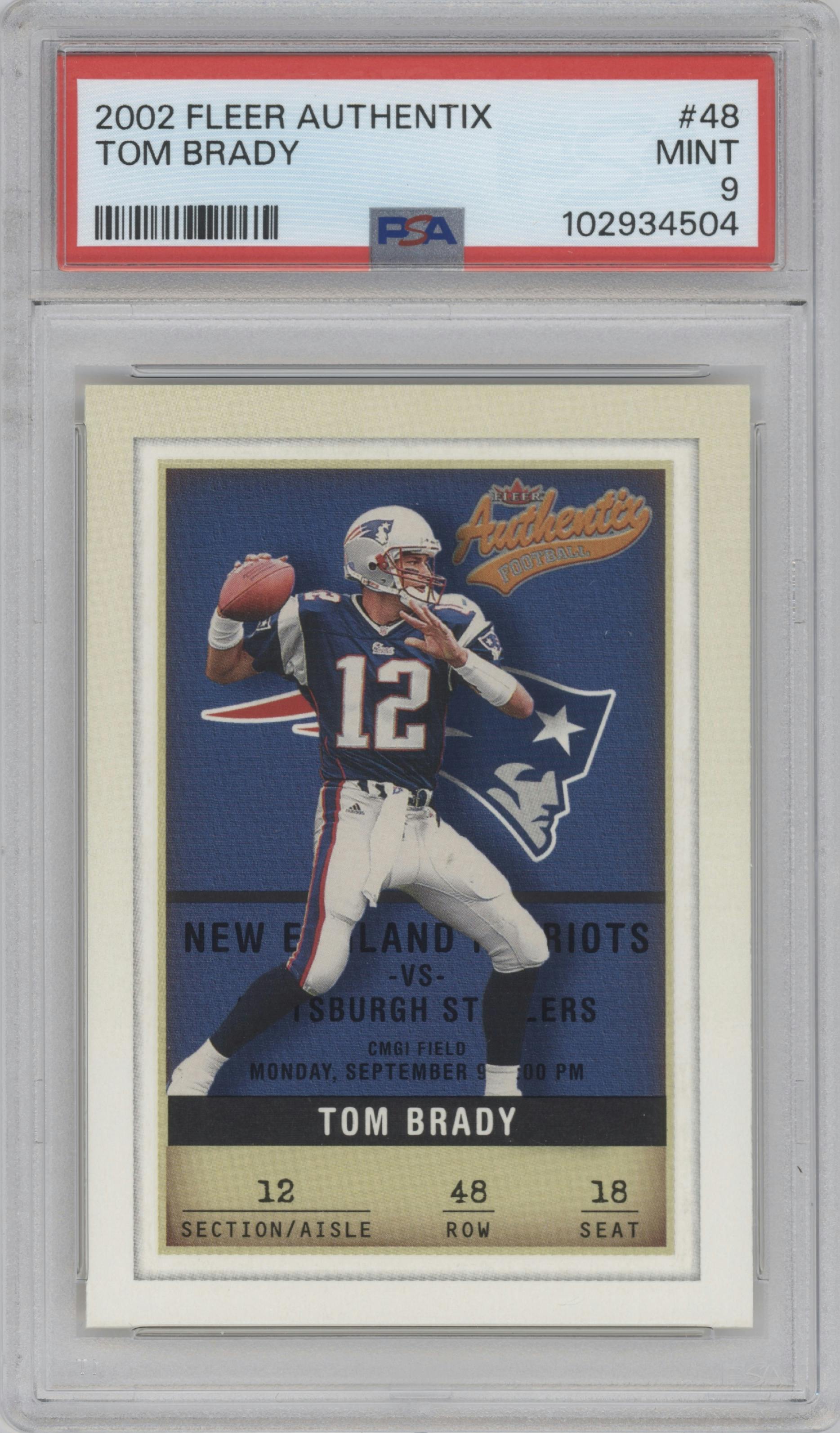 Tom Brady from the 2002 Fleer Authentix set graded by PSA and given an overall grade of 9.