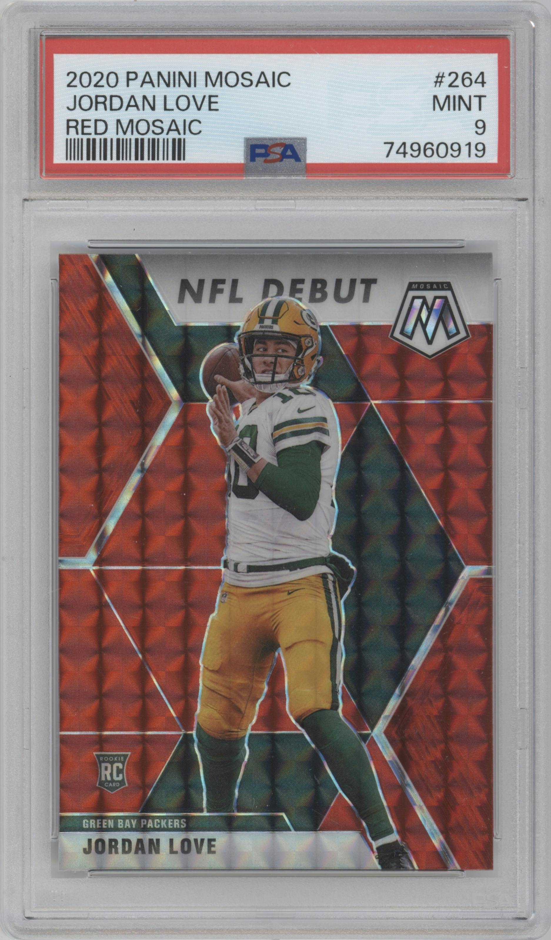 Jordan Love from the 2020 Panini Mosaic set featuring a Red Mosaic parallel graded by PSA and given an overall grade of 9.
