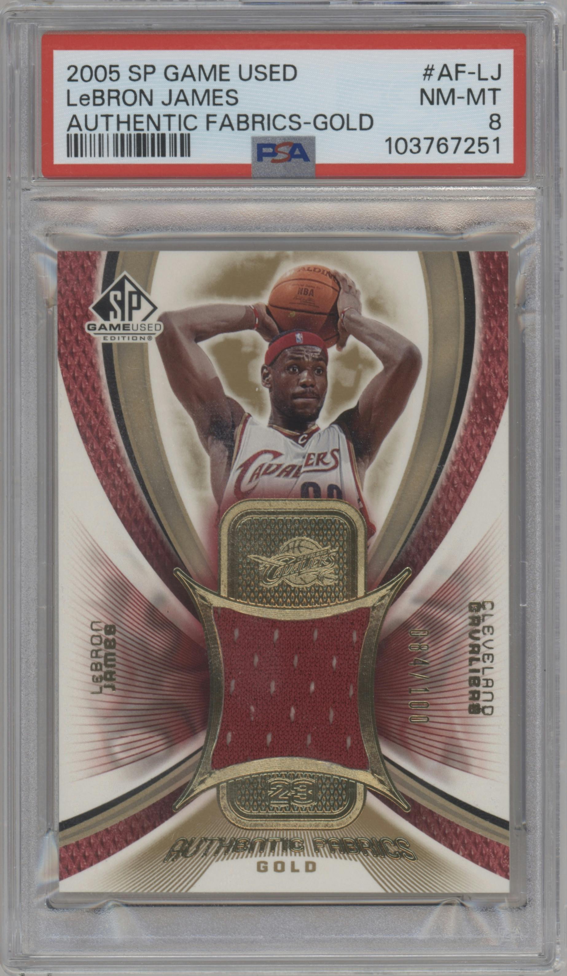 LeBron James from the 2005-06 Upper Deck SP Game Used set featuring a Gold parallel graded by PSA and given an overall grade of 8.