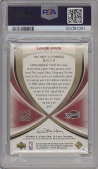 LeBron James from the 2005-06 Upper Deck SP Game Used set featuring a Gold parallel graded by PSA and given an overall grade of 8.