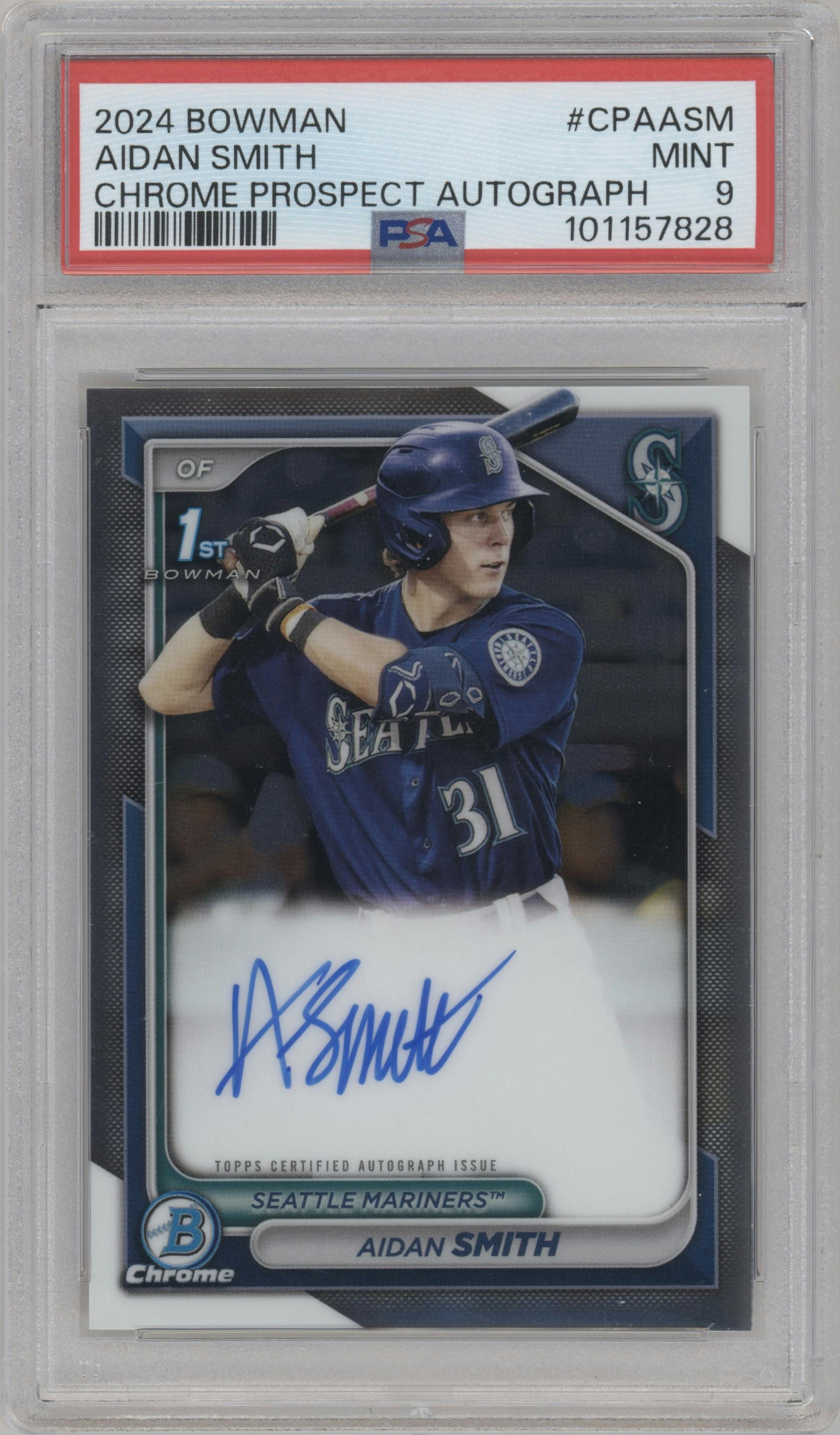 Aidan Smith from the 2024 Bowman set graded by PSA and given an overall grade of 9.