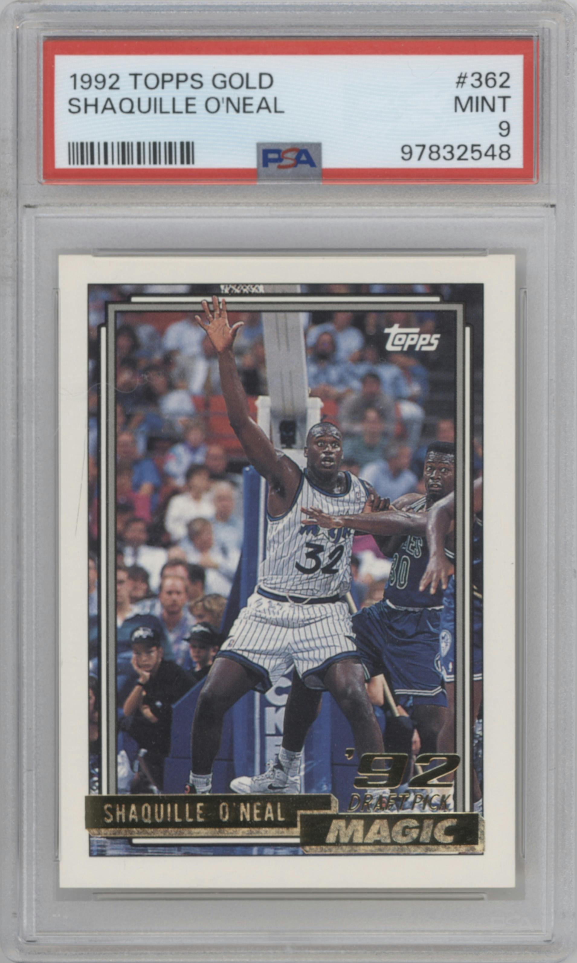 Shaquille O'Neal from the 1992-93 Topps set featuring a Gold parallel graded by PSA and given an overall grade of 9.