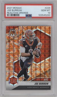 Joe Burrow from the 2021 Panini Mosaic set featuring a Reactive Orange parallel graded by PSA and given an overall grade of 10.