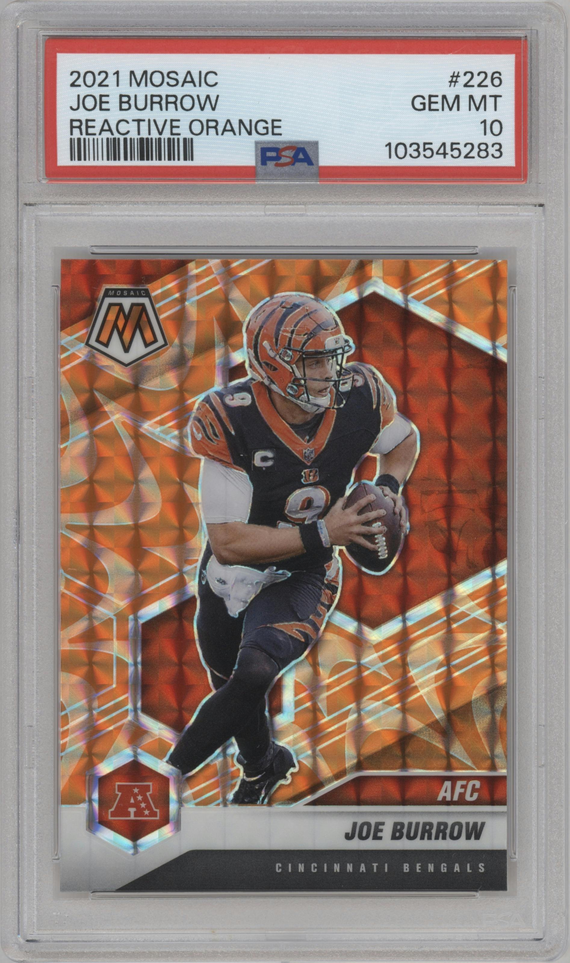 Joe Burrow from the 2021 Panini Mosaic set featuring a Reactive Orange parallel graded by PSA and given an overall grade of 10.