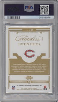 Justin Fields from the 2021 Panini Flawless set featuring a Diamonds parallel graded by PSA and given an overall grade of 8.
