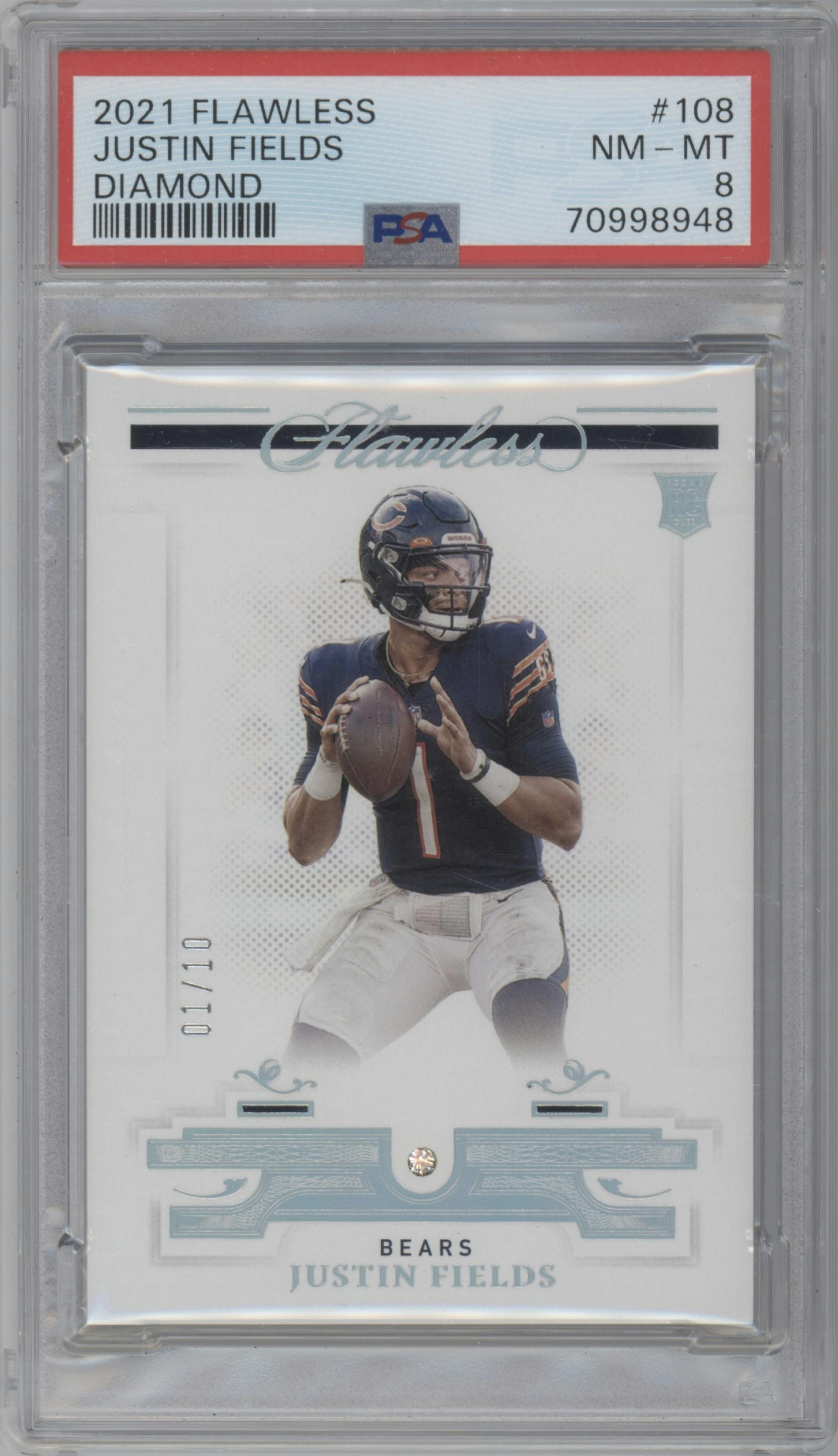 Justin Fields from the 2021 Panini Flawless set featuring a Diamonds parallel graded by PSA and given an overall grade of 8.