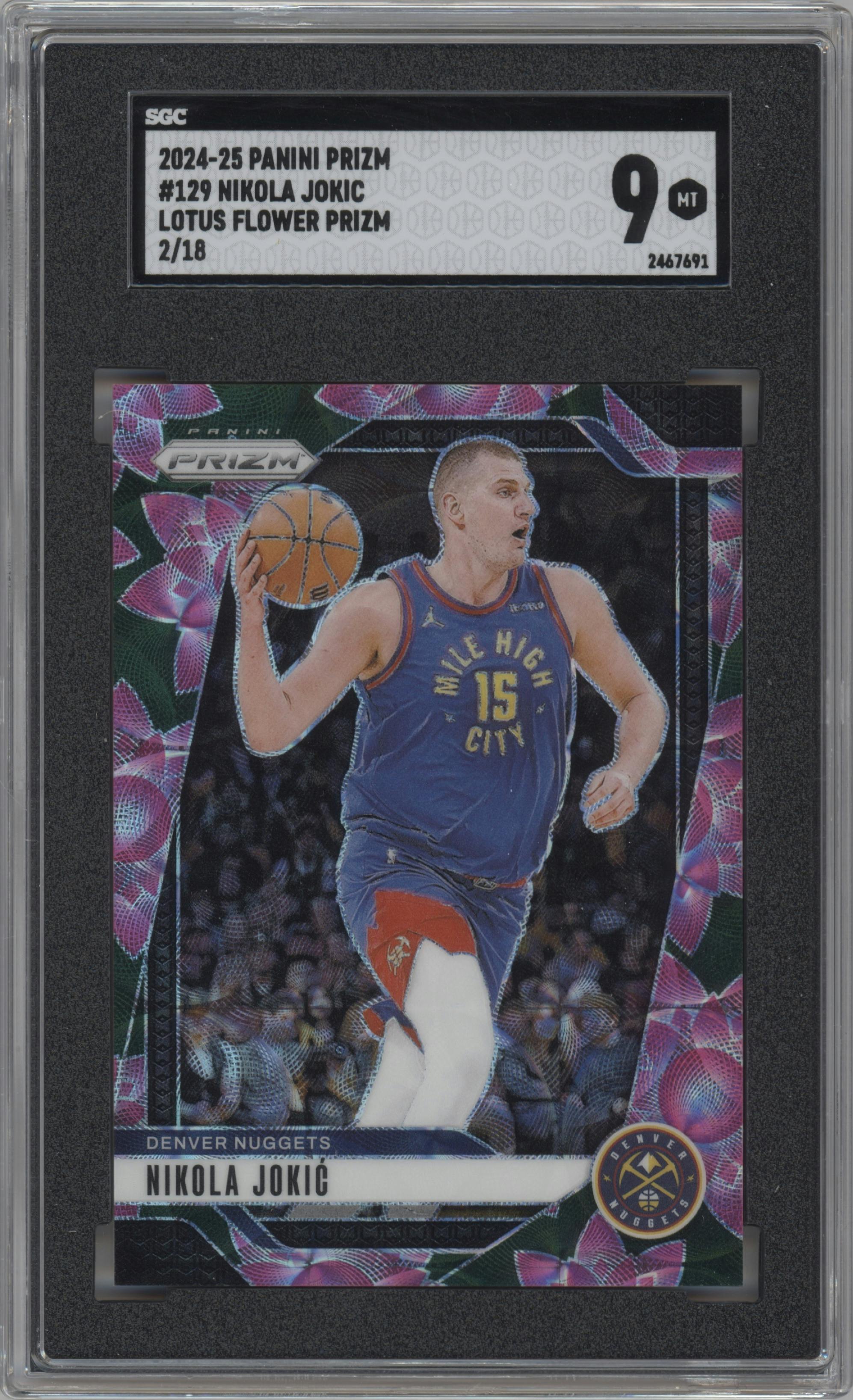 Nikola Jokic from the 2024-25 Panini Prizm set featuring a Lotus Flower Prizm  parallel graded by SGC and given an overall grade of 9.