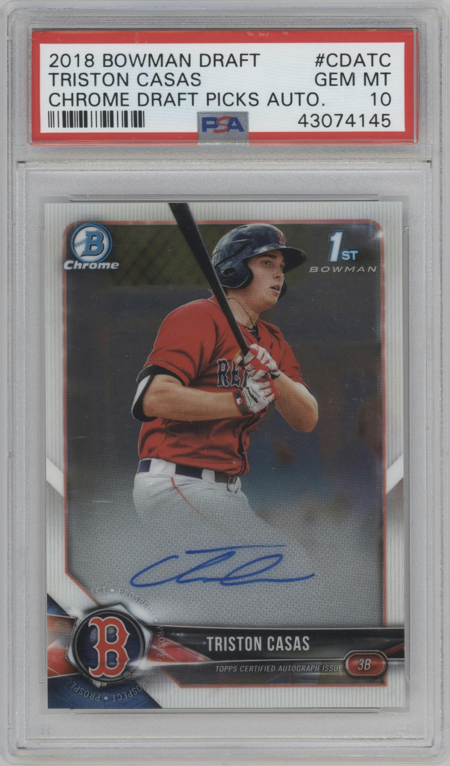 Triston Casas from the 2018 Bowman Draft set graded by PSA and given an overall grade of 10.