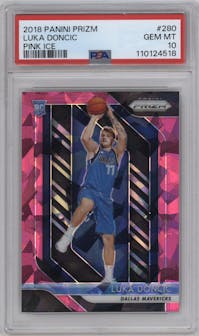 Luka Doncic from the 2018-19 Panini Prizm set featuring a Pink Ice parallel graded by PSA and given an overall grade of 10.
