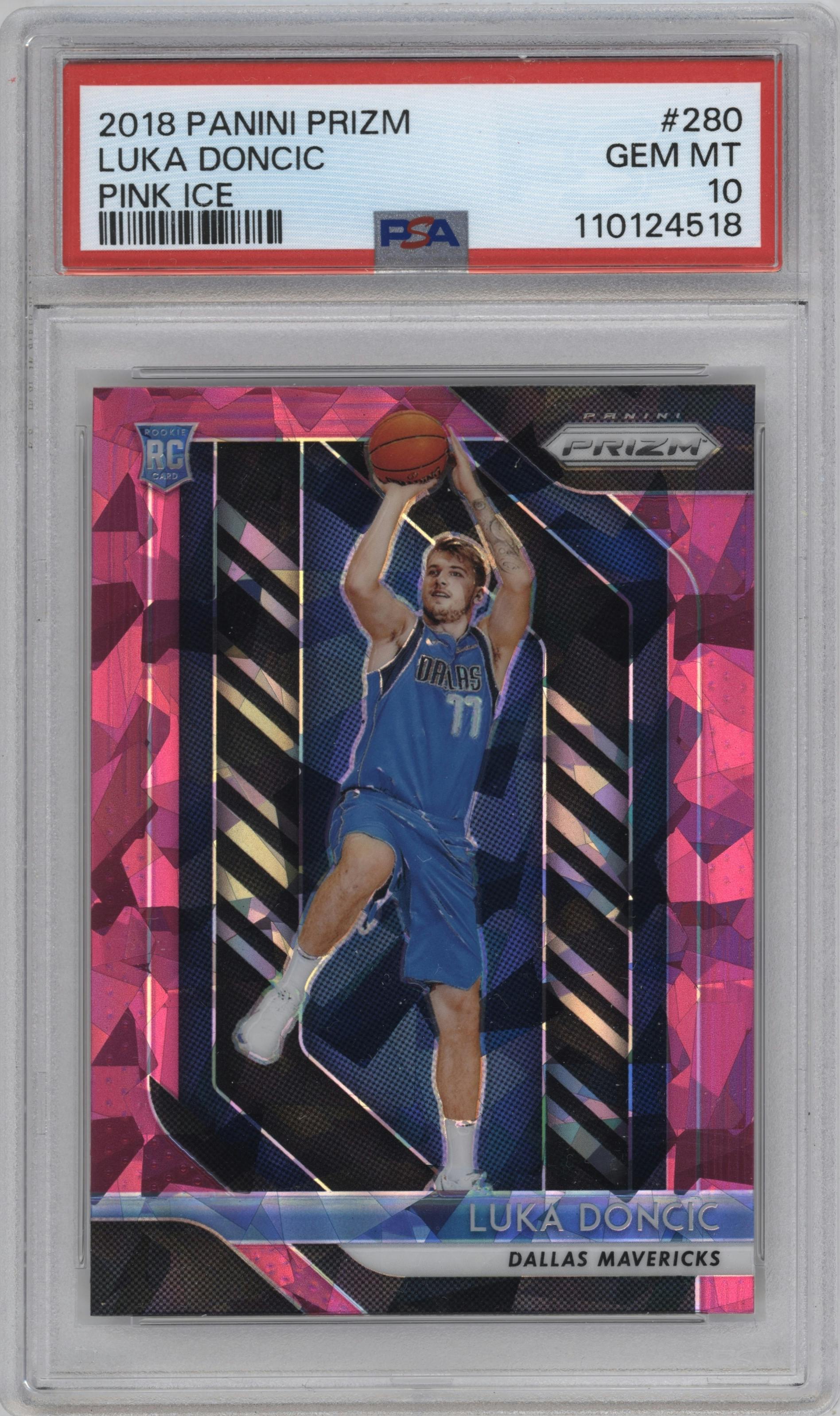 Luka Doncic from the 2018-19 Panini Prizm set featuring a Pink Ice parallel graded by PSA and given an overall grade of 10.