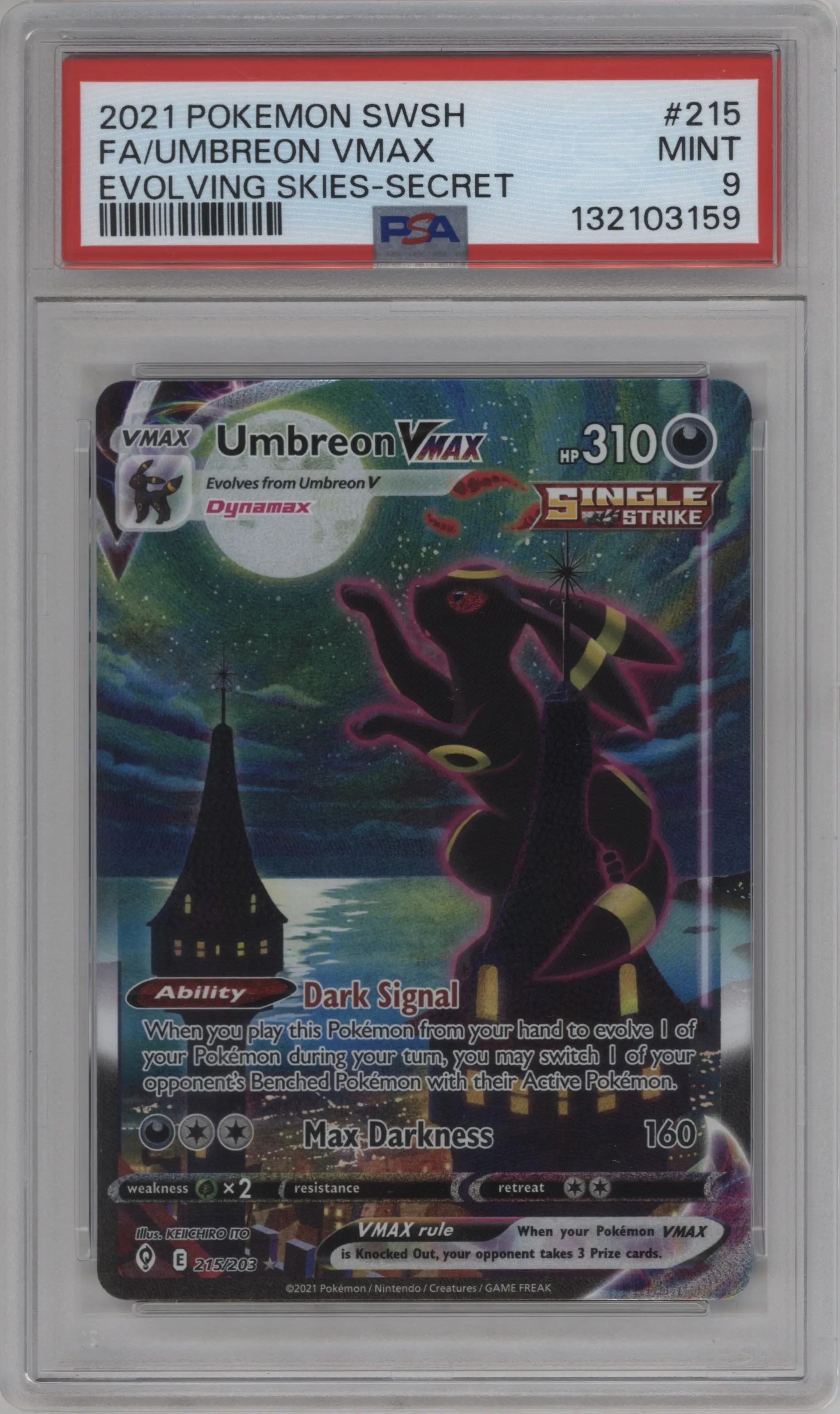Umbreon VMAX from the 2021 Pokemon SWSH set graded by PSA and given an overall grade of 9.