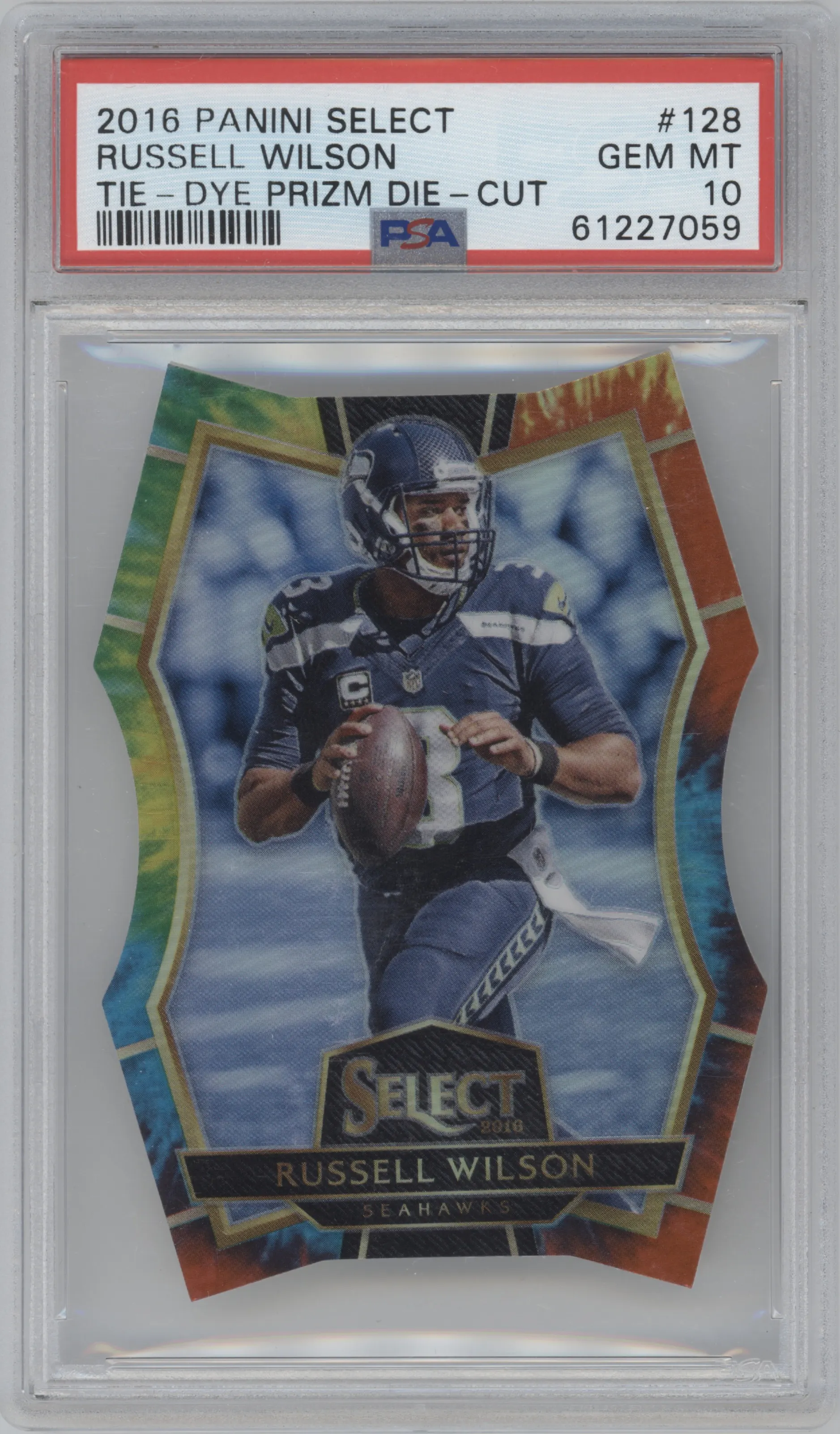 2016 Panini Select Pre.Lvl. Russell Wilson Die-Cut Tie-Dye #128 PSA 10