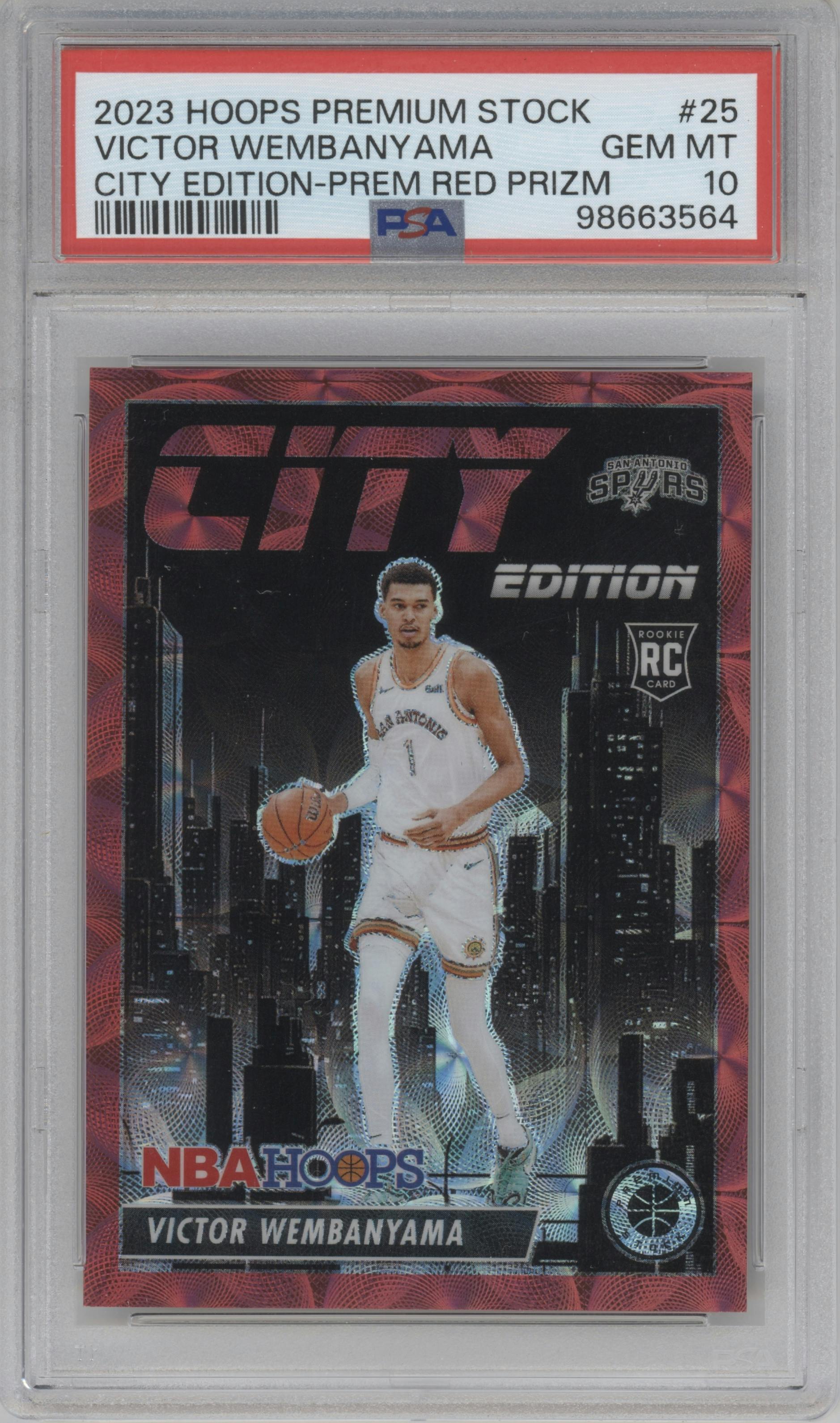 Victor Wembanyama from the 2023-24 Panini Hoops Premium Stock set featuring a Premium Red parallel graded by PSA and given an overall grade of 10.