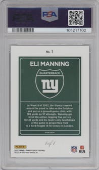 Eli Manning from the 2023 Donruss Optic set featuring a White Sparkle parallel graded by PSA and given an overall grade of 10.