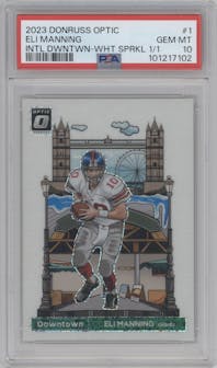 Eli Manning from the 2023 Donruss Optic set featuring a White Sparkle parallel graded by PSA and given an overall grade of 10.